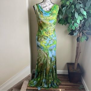 Formal Sleeveless Cowl Neck Mermaid Paisley Gown Green Sz M